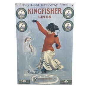 Vtg KINGFISHER Brand Silk Fishing Lines Metal Tin Advertising Sign Cabin 11"x16"